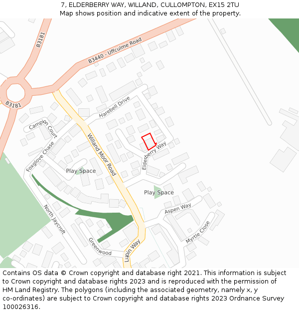7, ELDERBERRY WAY, WILLAND, CULLOMPTON, EX15 2TU: Location map and indicative extent of plot