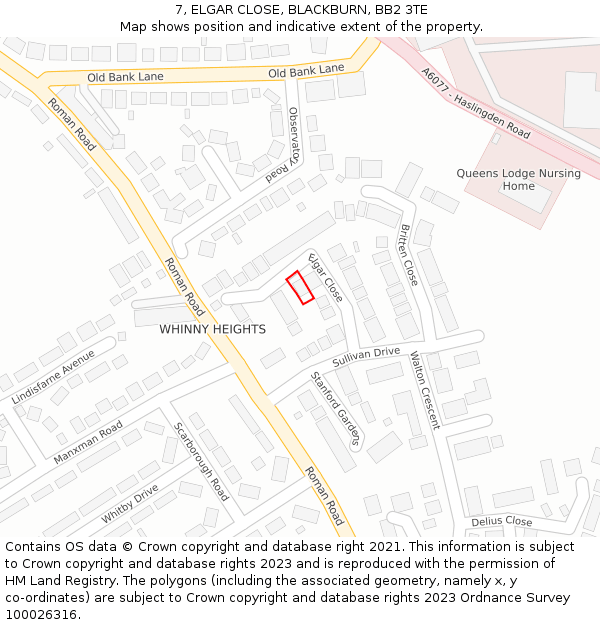 7, ELGAR CLOSE, BLACKBURN, BB2 3TE: Location map and indicative extent of plot