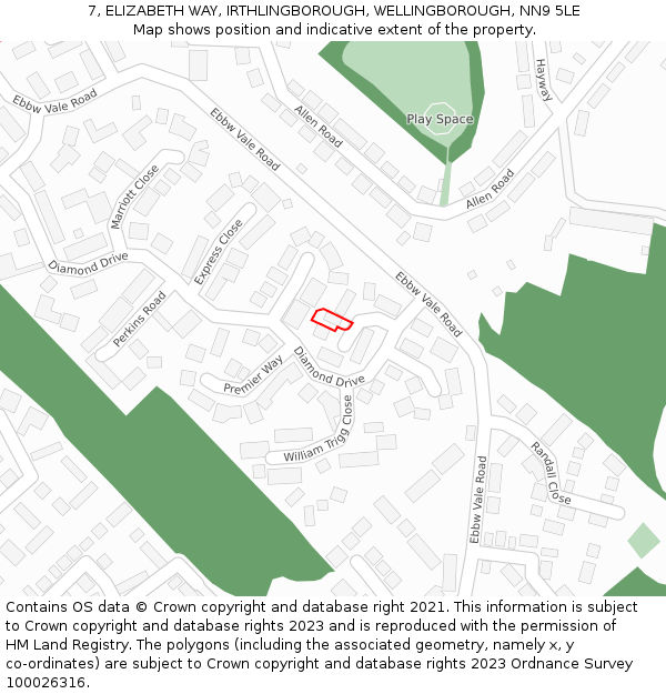 7, ELIZABETH WAY, IRTHLINGBOROUGH, WELLINGBOROUGH, NN9 5LE: Location map and indicative extent of plot