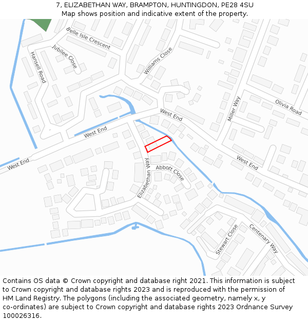 7, ELIZABETHAN WAY, BRAMPTON, HUNTINGDON, PE28 4SU: Location map and indicative extent of plot