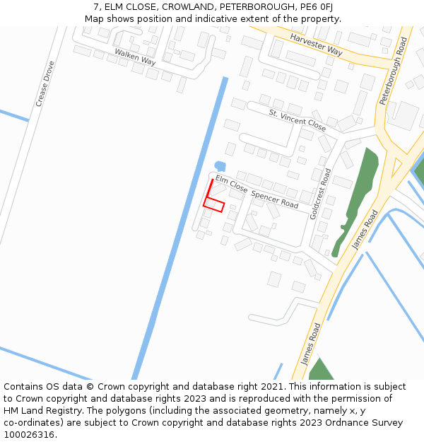 7, ELM CLOSE, CROWLAND, PETERBOROUGH, PE6 0FJ: Location map and indicative extent of plot