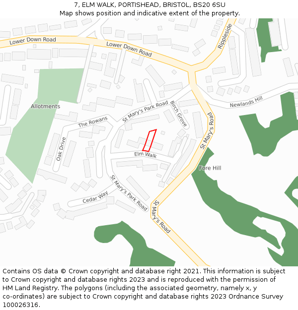 7, ELM WALK, PORTISHEAD, BRISTOL, BS20 6SU: Location map and indicative extent of plot