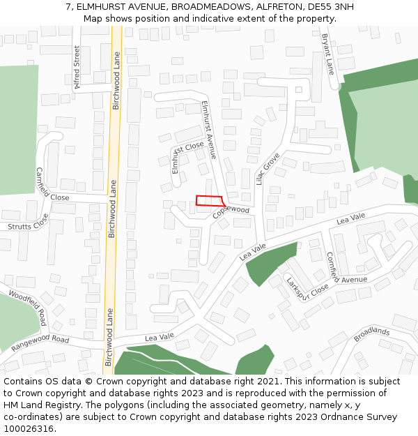 7, ELMHURST AVENUE, BROADMEADOWS, ALFRETON, DE55 3NH: Location map and indicative extent of plot