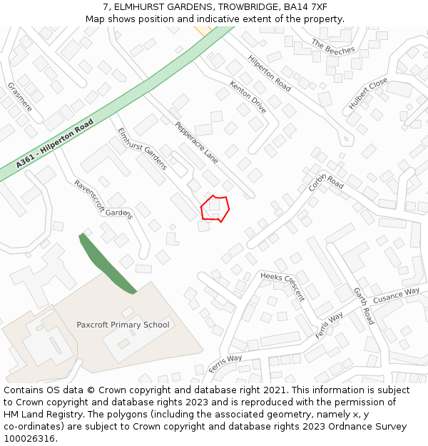 7, ELMHURST GARDENS, TROWBRIDGE, BA14 7XF: Location map and indicative extent of plot