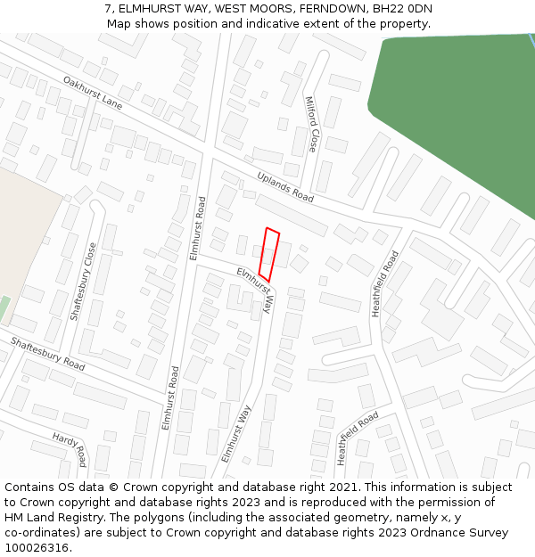 7, ELMHURST WAY, WEST MOORS, FERNDOWN, BH22 0DN: Location map and indicative extent of plot