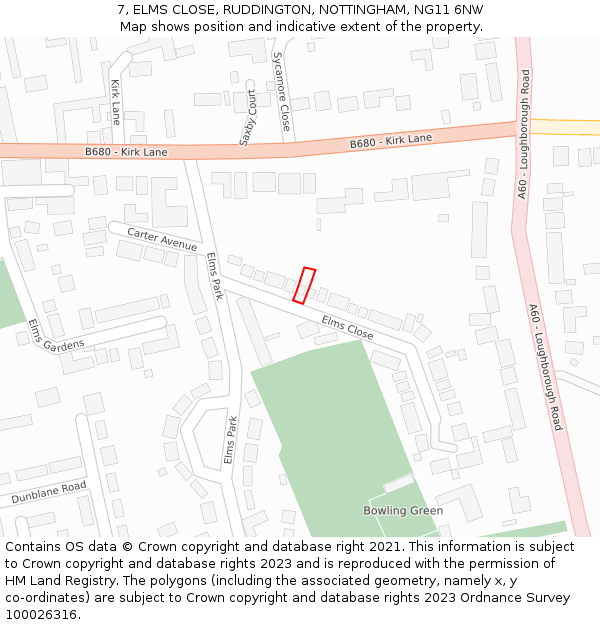 7, ELMS CLOSE, RUDDINGTON, NOTTINGHAM, NG11 6NW: Location map and indicative extent of plot