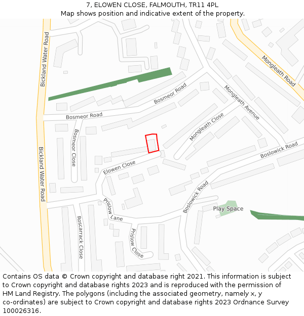 7, ELOWEN CLOSE, FALMOUTH, TR11 4PL: Location map and indicative extent of plot