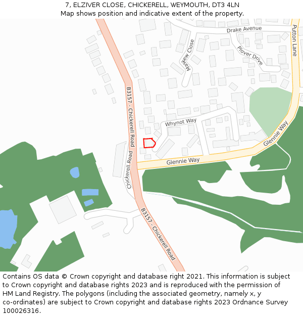 7, ELZIVER CLOSE, CHICKERELL, WEYMOUTH, DT3 4LN: Location map and indicative extent of plot