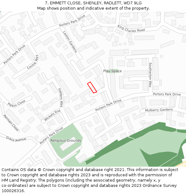 7, EMMETT CLOSE, SHENLEY, RADLETT, WD7 9LG: Location map and indicative extent of plot