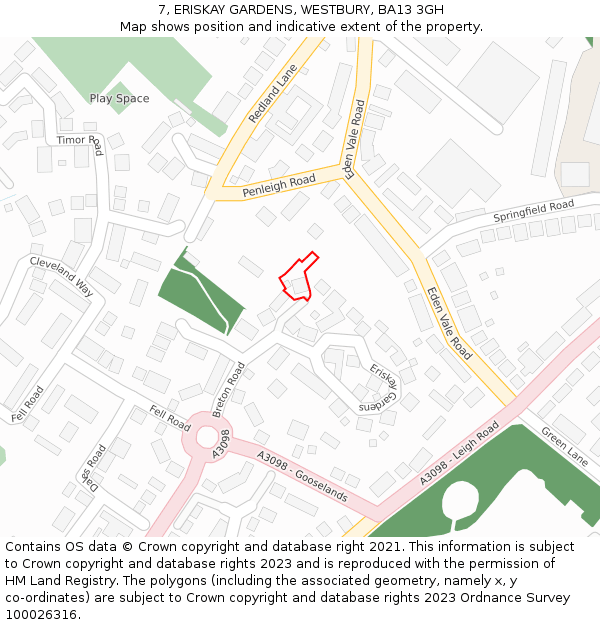 7, ERISKAY GARDENS, WESTBURY, BA13 3GH: Location map and indicative extent of plot