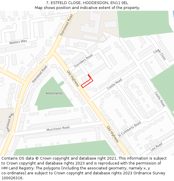 7, ESTFELD CLOSE, HODDESDON, EN11 0EL: Location map and indicative extent of plot