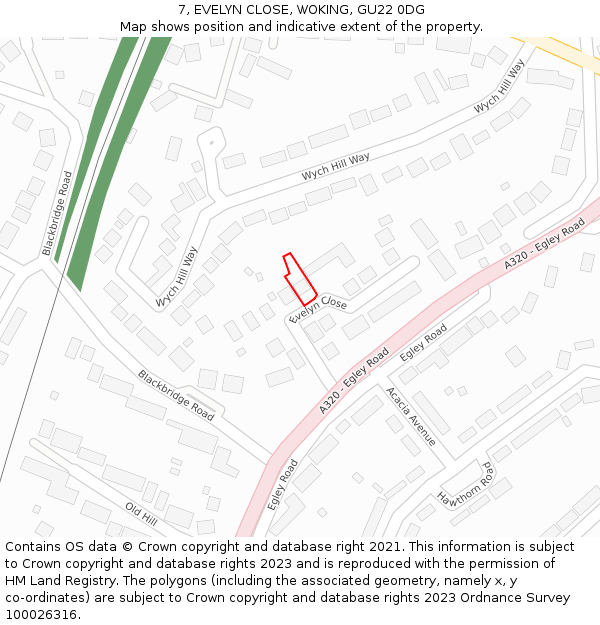 7, EVELYN CLOSE, WOKING, GU22 0DG: Location map and indicative extent of plot