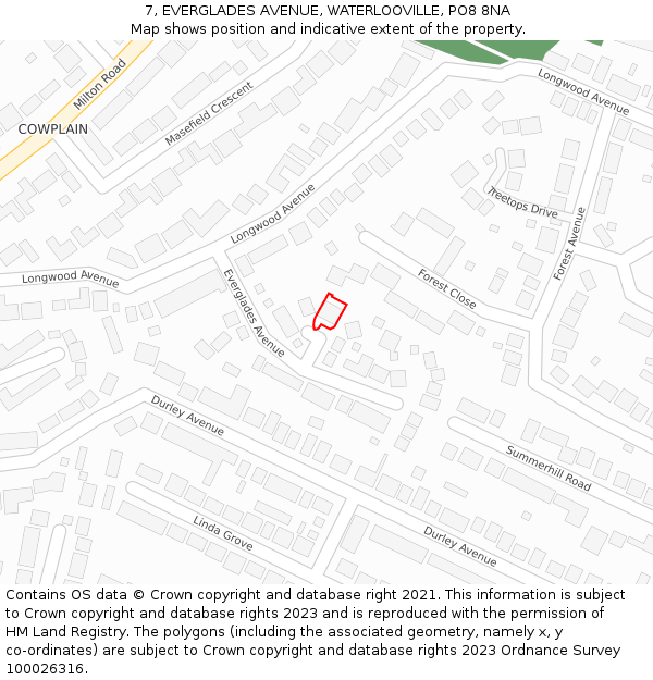 7, EVERGLADES AVENUE, WATERLOOVILLE, PO8 8NA: Location map and indicative extent of plot