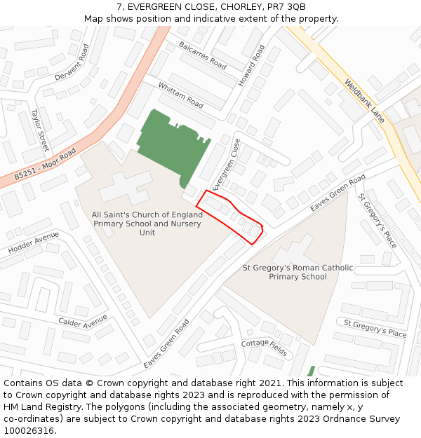 7, EVERGREEN CLOSE, CHORLEY, PR7 3QB: Location map and indicative extent of plot