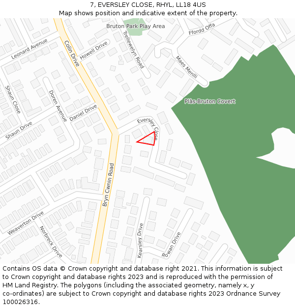 7, EVERSLEY CLOSE, RHYL, LL18 4US: Location map and indicative extent of plot