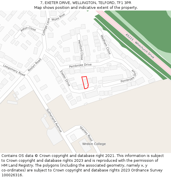 7, EXETER DRIVE, WELLINGTON, TELFORD, TF1 3PR: Location map and indicative extent of plot