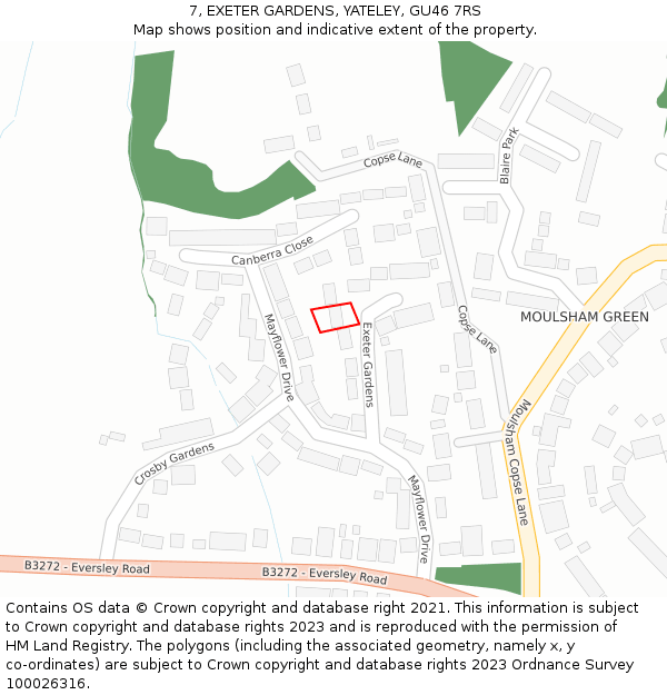 7, EXETER GARDENS, YATELEY, GU46 7RS: Location map and indicative extent of plot