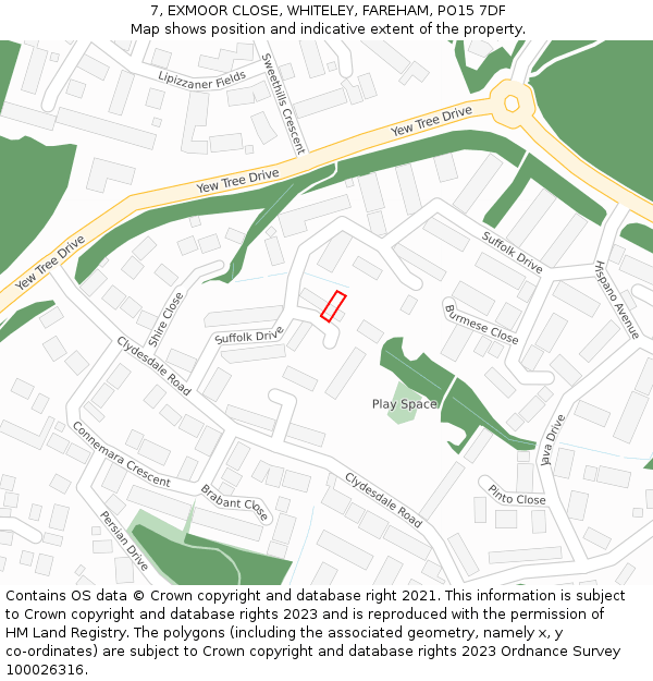 7, EXMOOR CLOSE, WHITELEY, FAREHAM, PO15 7DF: Location map and indicative extent of plot