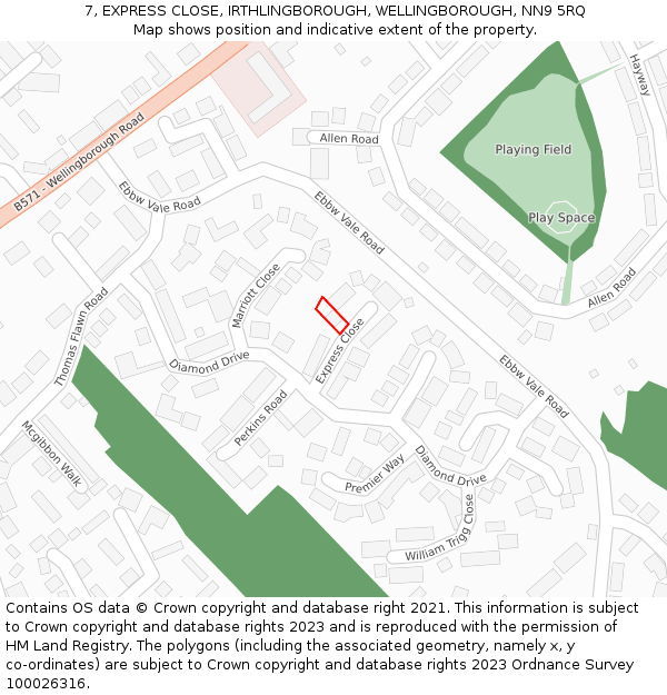 7, EXPRESS CLOSE, IRTHLINGBOROUGH, WELLINGBOROUGH, NN9 5RQ: Location map and indicative extent of plot