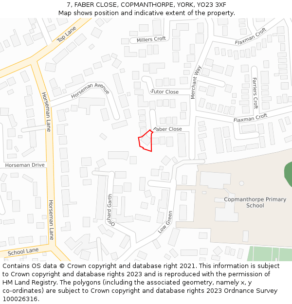 7, FABER CLOSE, COPMANTHORPE, YORK, YO23 3XF: Location map and indicative extent of plot