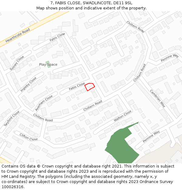 7, FABIS CLOSE, SWADLINCOTE, DE11 9SL: Location map and indicative extent of plot