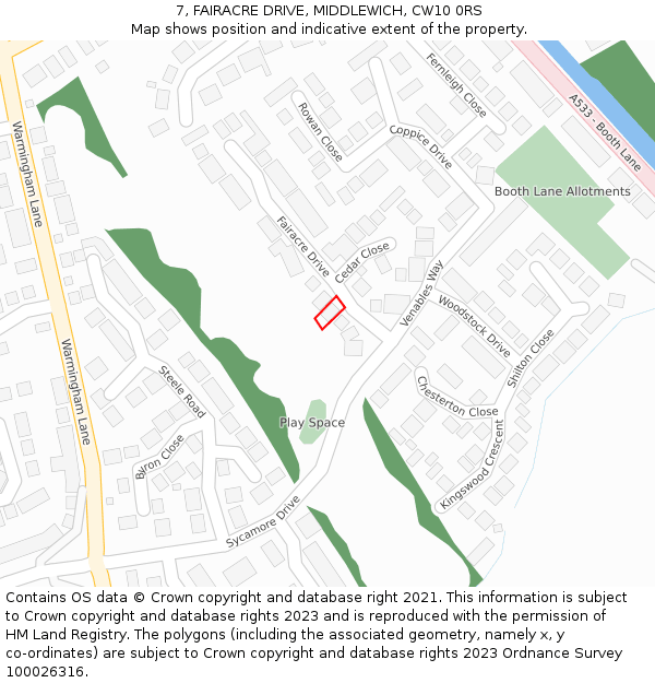 7, FAIRACRE DRIVE, MIDDLEWICH, CW10 0RS: Location map and indicative extent of plot