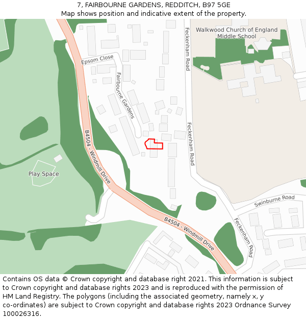 7, FAIRBOURNE GARDENS, REDDITCH, B97 5GE: Location map and indicative extent of plot