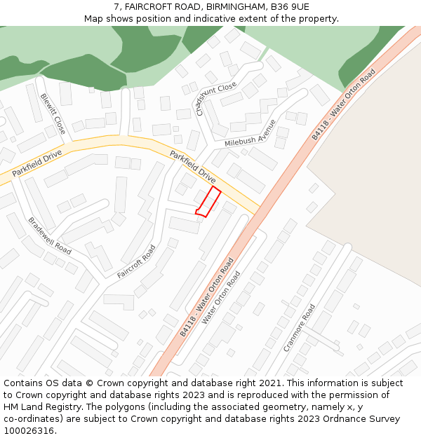 7, FAIRCROFT ROAD, BIRMINGHAM, B36 9UE: Location map and indicative extent of plot