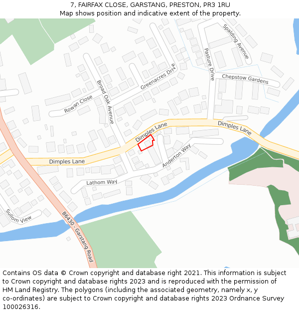 7, FAIRFAX CLOSE, GARSTANG, PRESTON, PR3 1RU: Location map and indicative extent of plot