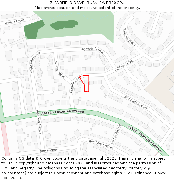 7, FAIRFIELD DRIVE, BURNLEY, BB10 2PU: Location map and indicative extent of plot