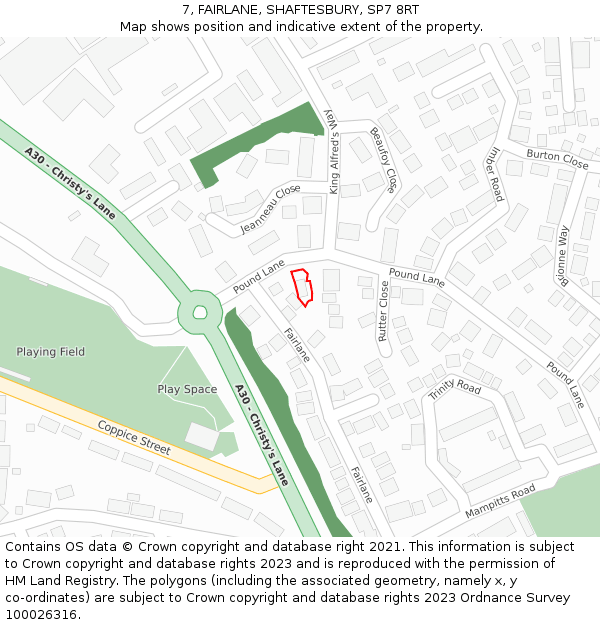 7, FAIRLANE, SHAFTESBURY, SP7 8RT: Location map and indicative extent of plot