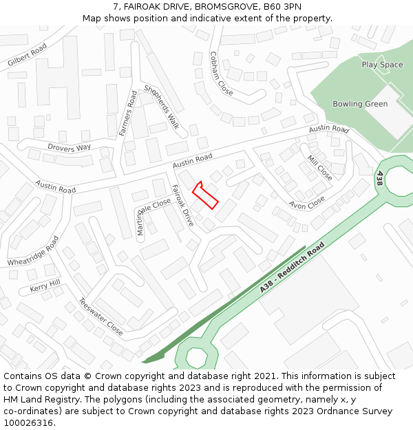7, FAIROAK DRIVE, BROMSGROVE, B60 3PN: Location map and indicative extent of plot