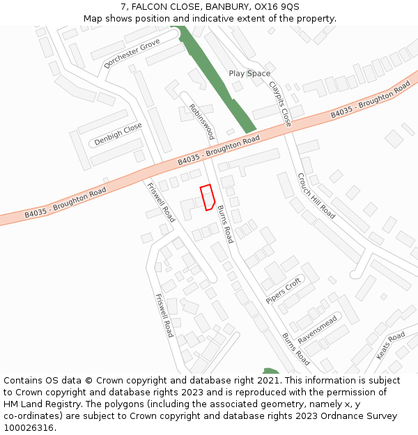 7, FALCON CLOSE, BANBURY, OX16 9QS: Location map and indicative extent of plot