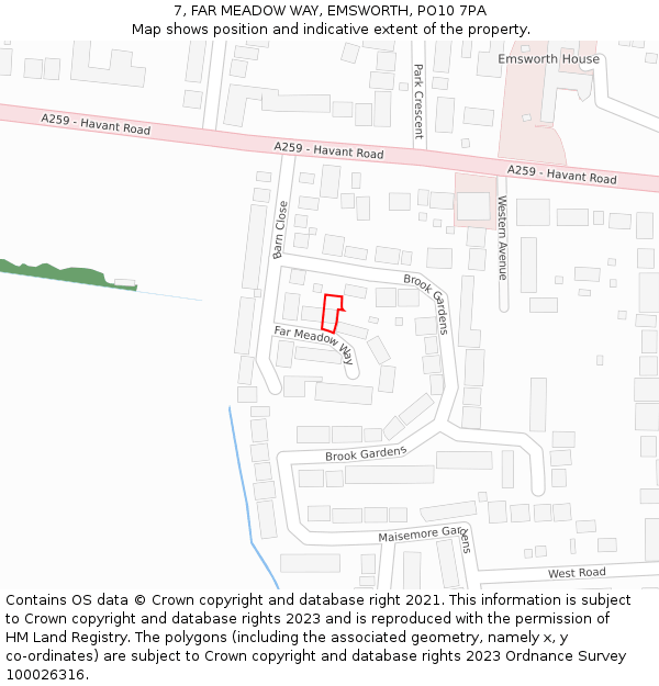 7, FAR MEADOW WAY, EMSWORTH, PO10 7PA: Location map and indicative extent of plot