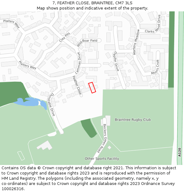 7, FEATHER CLOSE, BRAINTREE, CM7 3LS: Location map and indicative extent of plot