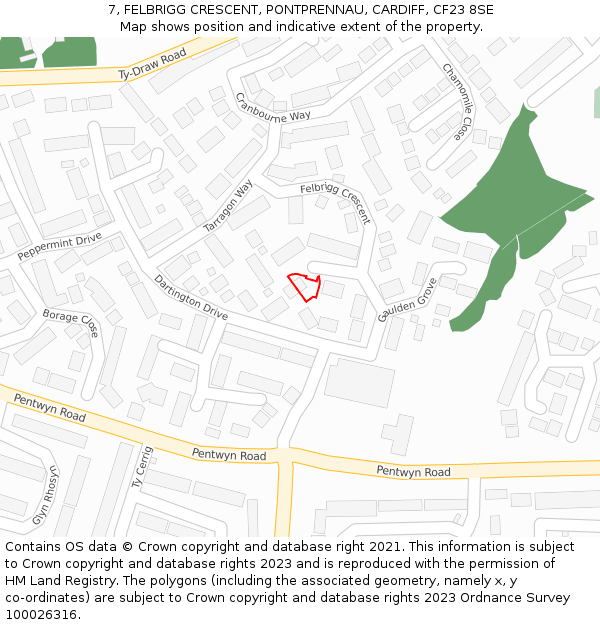 7, FELBRIGG CRESCENT, PONTPRENNAU, CARDIFF, CF23 8SE: Location map and indicative extent of plot