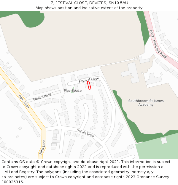 7, FESTIVAL CLOSE, DEVIZES, SN10 5AU: Location map and indicative extent of plot