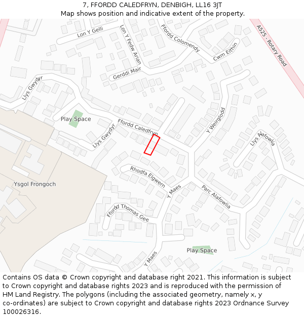 7, FFORDD CALEDFRYN, DENBIGH, LL16 3JT: Location map and indicative extent of plot