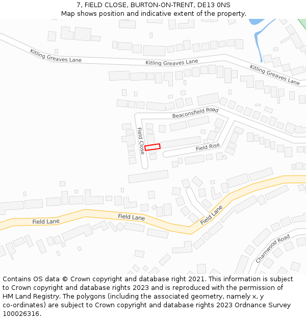 7, FIELD CLOSE, BURTON-ON-TRENT, DE13 0NS: Location map and indicative extent of plot