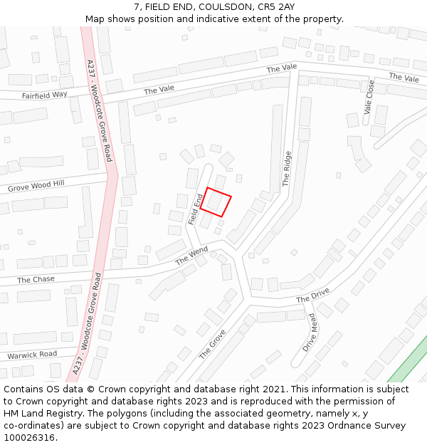 7, FIELD END, COULSDON, CR5 2AY: Location map and indicative extent of plot