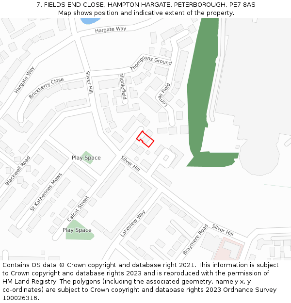 7, FIELDS END CLOSE, HAMPTON HARGATE, PETERBOROUGH, PE7 8AS: Location map and indicative extent of plot