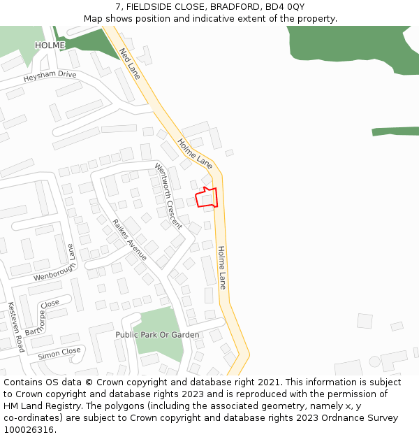 7, FIELDSIDE CLOSE, BRADFORD, BD4 0QY: Location map and indicative extent of plot