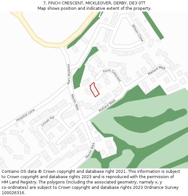 7, FINCH CRESCENT, MICKLEOVER, DERBY, DE3 0TT: Location map and indicative extent of plot