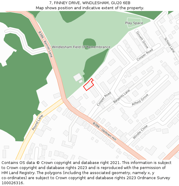 7, FINNEY DRIVE, WINDLESHAM, GU20 6EB: Location map and indicative extent of plot