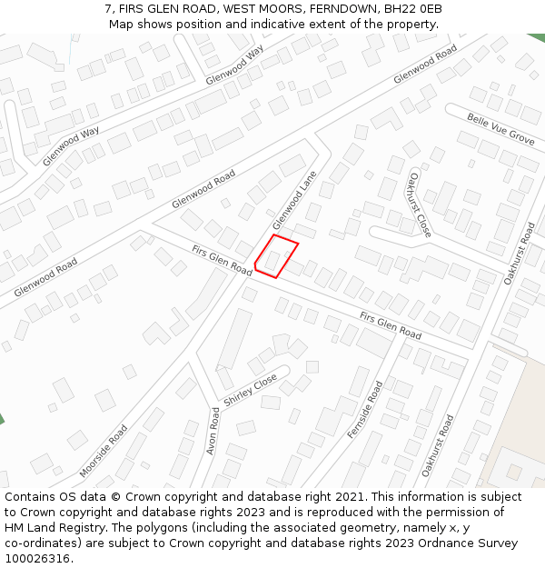 7, FIRS GLEN ROAD, WEST MOORS, FERNDOWN, BH22 0EB: Location map and indicative extent of plot