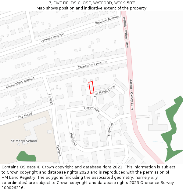 7, FIVE FIELDS CLOSE, WATFORD, WD19 5BZ: Location map and indicative extent of plot