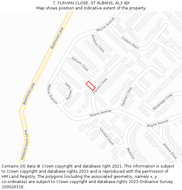 7, FLAVIAN CLOSE, ST ALBANS, AL3 4JX: Location map and indicative extent of plot