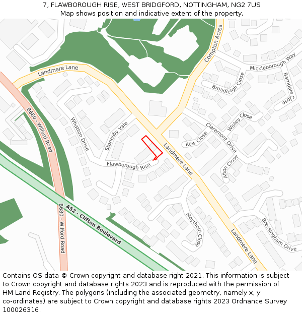 7, FLAWBOROUGH RISE, WEST BRIDGFORD, NOTTINGHAM, NG2 7US: Location map and indicative extent of plot