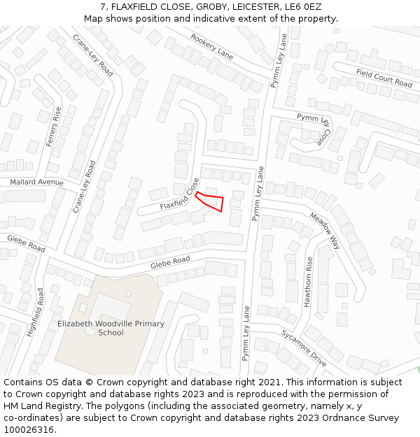 7, FLAXFIELD CLOSE, GROBY, LEICESTER, LE6 0EZ: Location map and indicative extent of plot