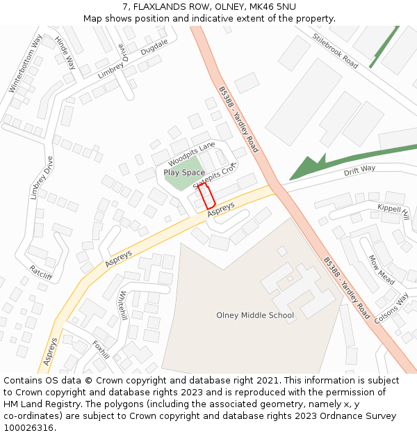 7, FLAXLANDS ROW, OLNEY, MK46 5NU: Location map and indicative extent of plot